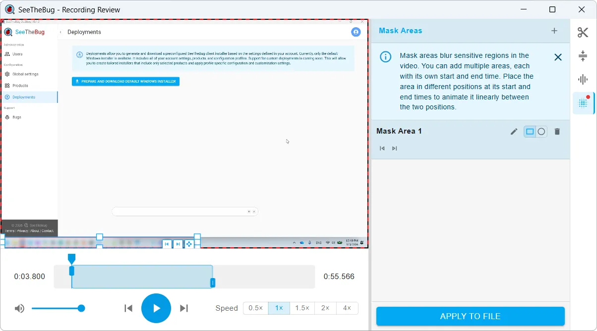 The recording review window playing back a captured session, with a mask area covering part of the screen and a timeline for setting where the mask starts and ends
